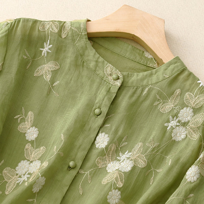 Nimara Ritual Casual Embroidered Petals Spliced Women's Crew Neck Design Half Sleeve Shirt
