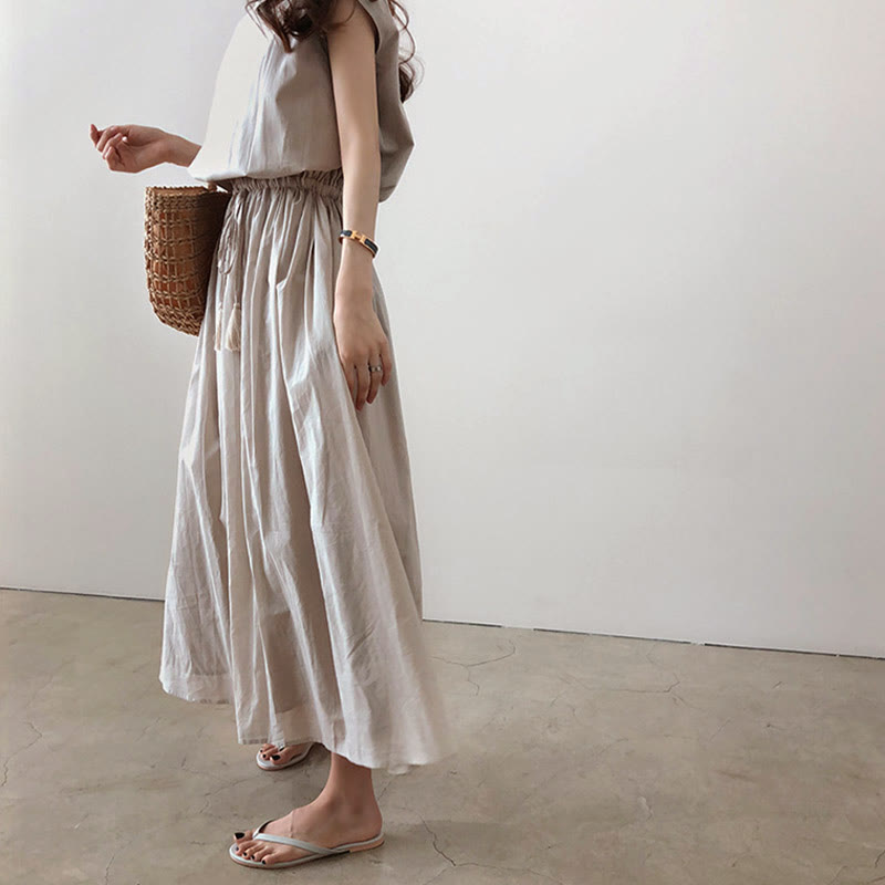 Nimara Ritual Casual Eastic Waist Drawstring Design Short Sleeve Midi Dress