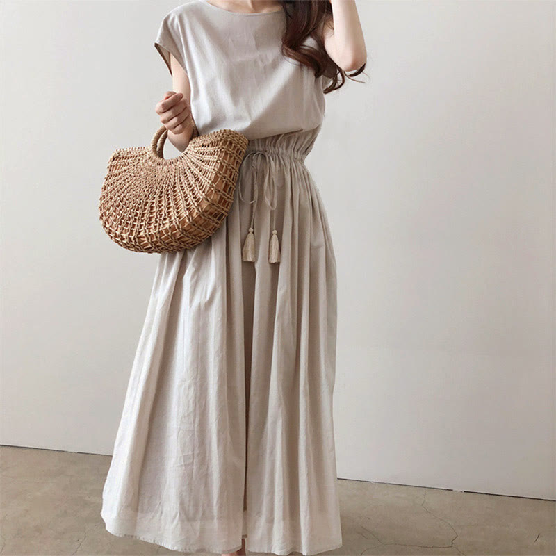 Nimara Ritual Casual Eastic Waist Drawstring Design Short Sleeve Midi Dress