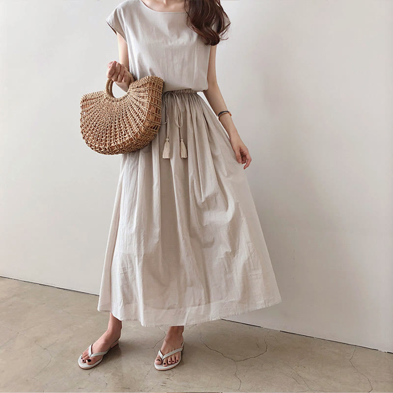 Nimara Ritual Casual Eastic Waist Drawstring Design Short Sleeve Midi Dress