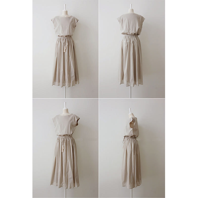 Nimara Ritual Casual Eastic Waist Drawstring Design Short Sleeve Midi Dress