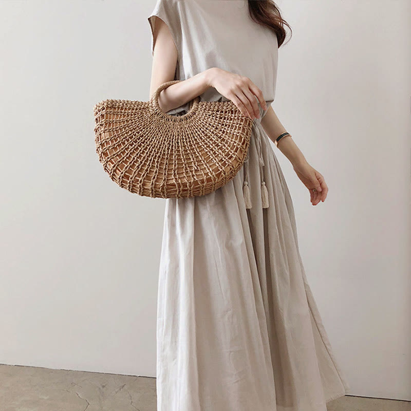 Nimara Ritual Casual Eastic Waist Drawstring Design Short Sleeve Midi Dress