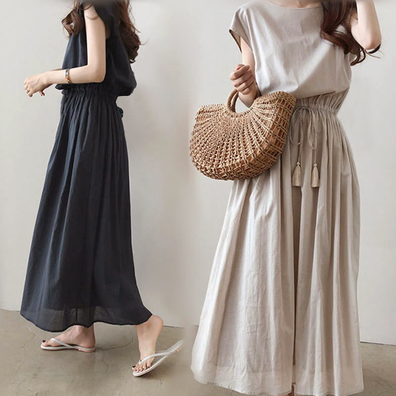 Nimara Ritual Casual Eastic Waist Drawstring Design Short Sleeve Midi Dress