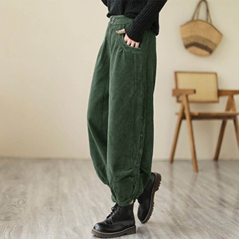 Nimara Ritual Casual Buttons Leg Opening Design Women's Corduroy Pants With Pockets