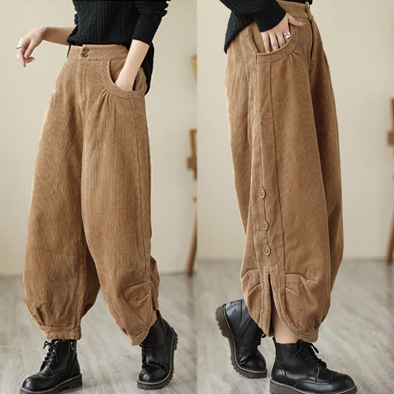 Nimara Ritual Casual Buttons Leg Opening Design Women's Corduroy Pants With Pockets