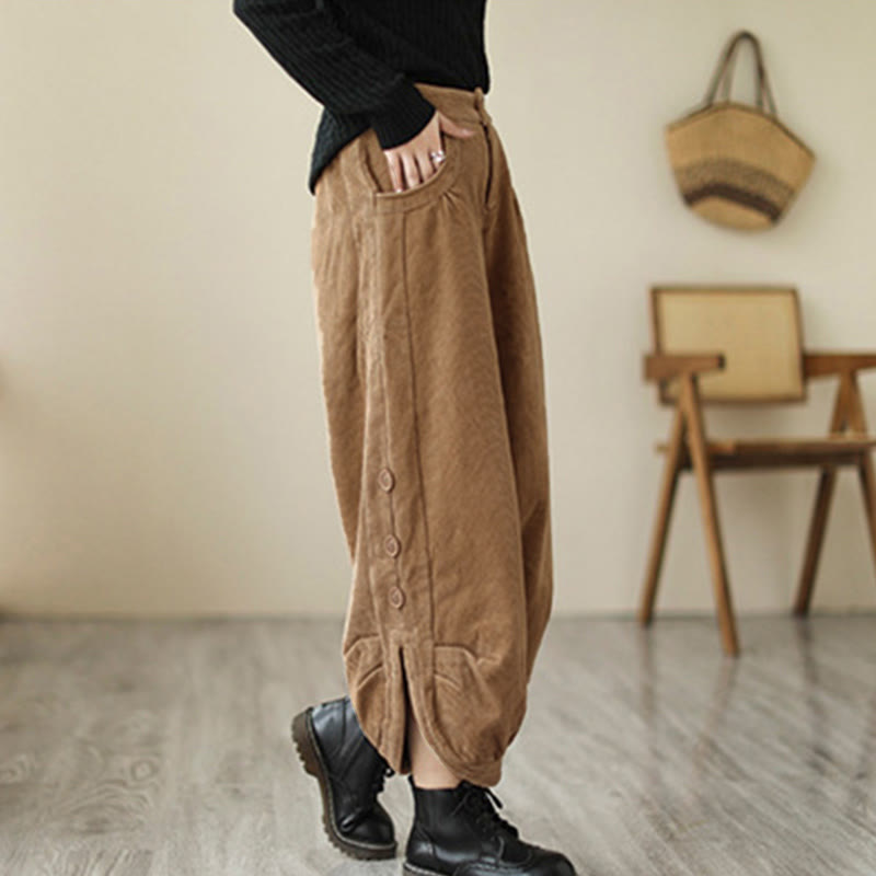 Nimara Ritual Casual Buttons Leg Opening Design Women's Corduroy Pants With Pockets
