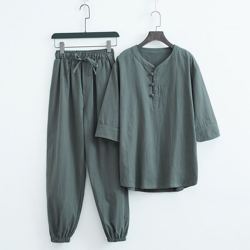 Nimara Ritual Solid Color Traditional Short Sleeve T-shirt Pants Clothing Men's Set