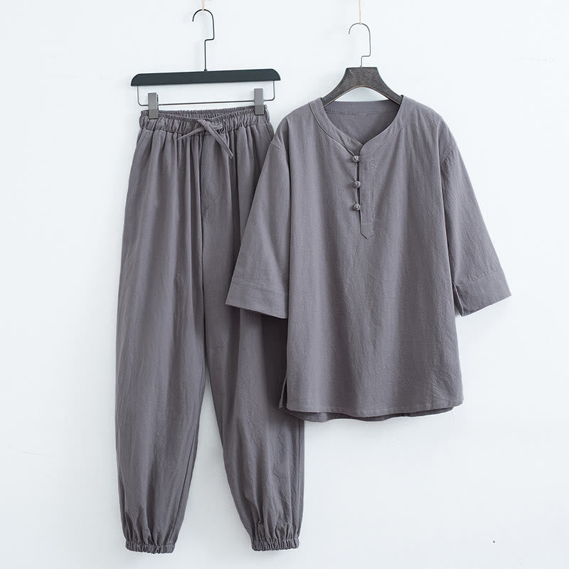 Nimara Ritual Solid Color Traditional Short Sleeve T-shirt Pants Clothing Men's Set