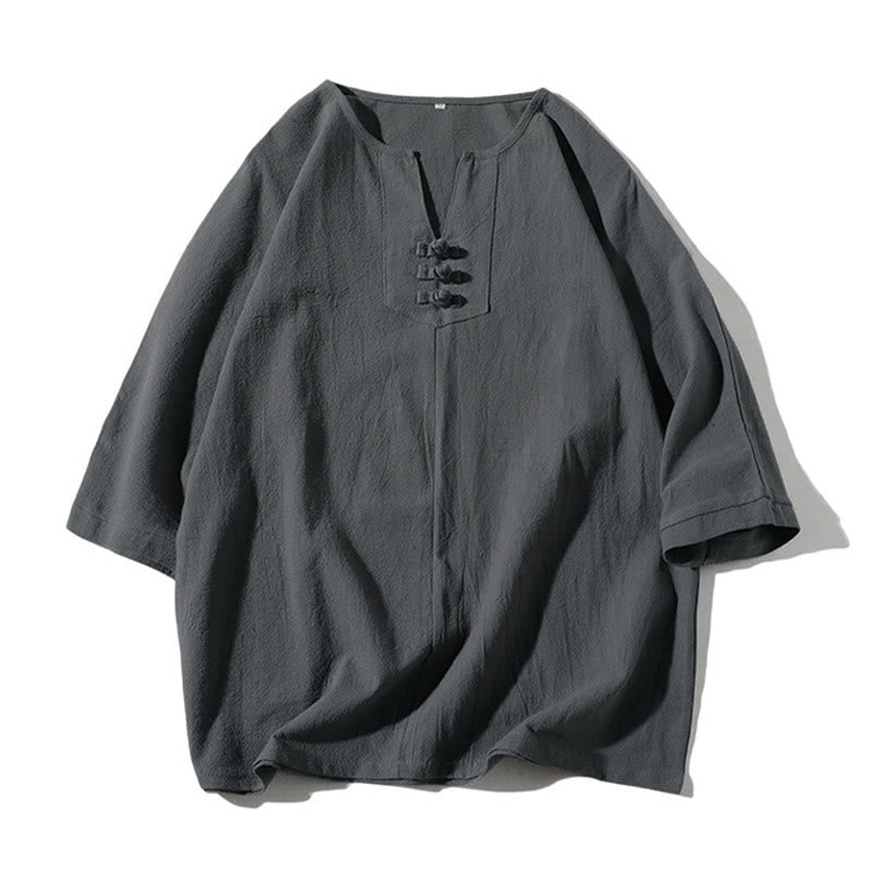 Nimara Ritual 2Pcs Plain Notched Collar T-Shirt Wide Leg Shorts With Pockets Men's Meditation Cloth Set