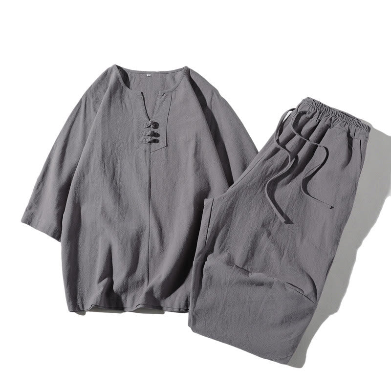 Nimara Ritual 2Pcs Plain Notched Collar T-Shirt Wide Leg Shorts With Pockets Men's Meditation Cloth Set