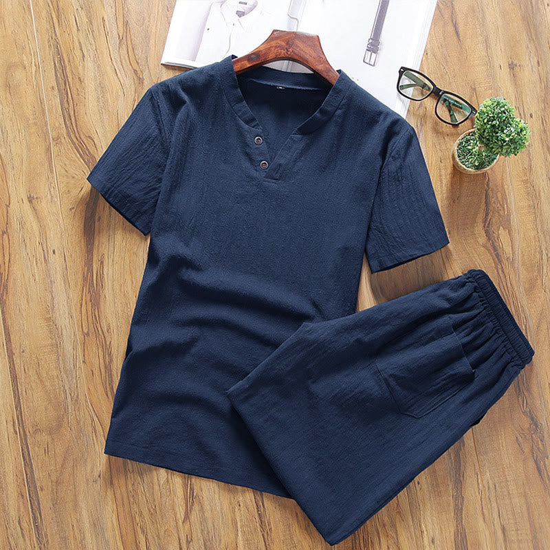 Nimara Ritual Casual 2Pcs Plain Sleeve T-Shirt Shorts With Pockets Men's Meditation Cloth Set