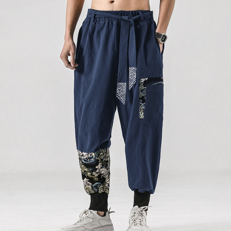 Nimara Ritual Ocean Waves Lace-up Men's Harem Pants With Pockets