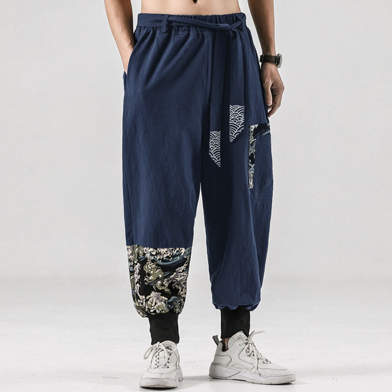 Nimara Ritual Ocean Waves Lace-up Men's Harem Pants With Pockets
