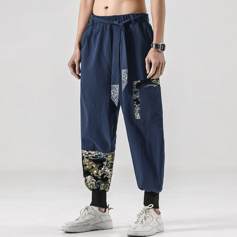 Nimara Ritual Ocean Waves Lace-up Men's Harem Pants With Pockets