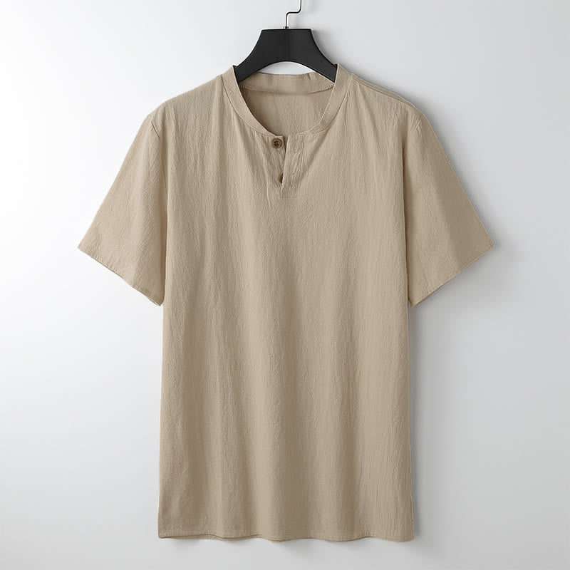 Nimara Ritual Loose Men's T-shirt Solid Color Top Short Sleeve Button Notched Neck Soft Shirt