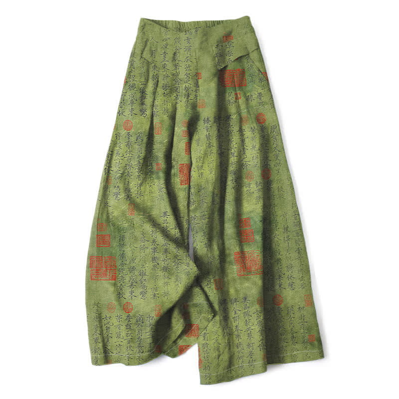 Nimara Ritual Cotton Linen Vintage Script Pattern Women's Elastic Waist Wide Leg Pants With Pockets