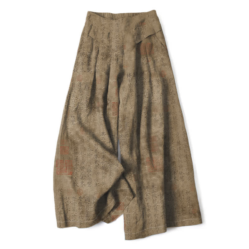 Nimara Ritual Cotton Linen Vintage Script Pattern Women's Elastic Waist Wide Leg Pants With Pockets