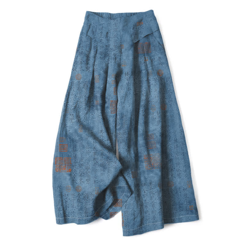 Nimara Ritual Cotton Linen Vintage Script Pattern Women's Elastic Waist Wide Leg Pants With Pockets