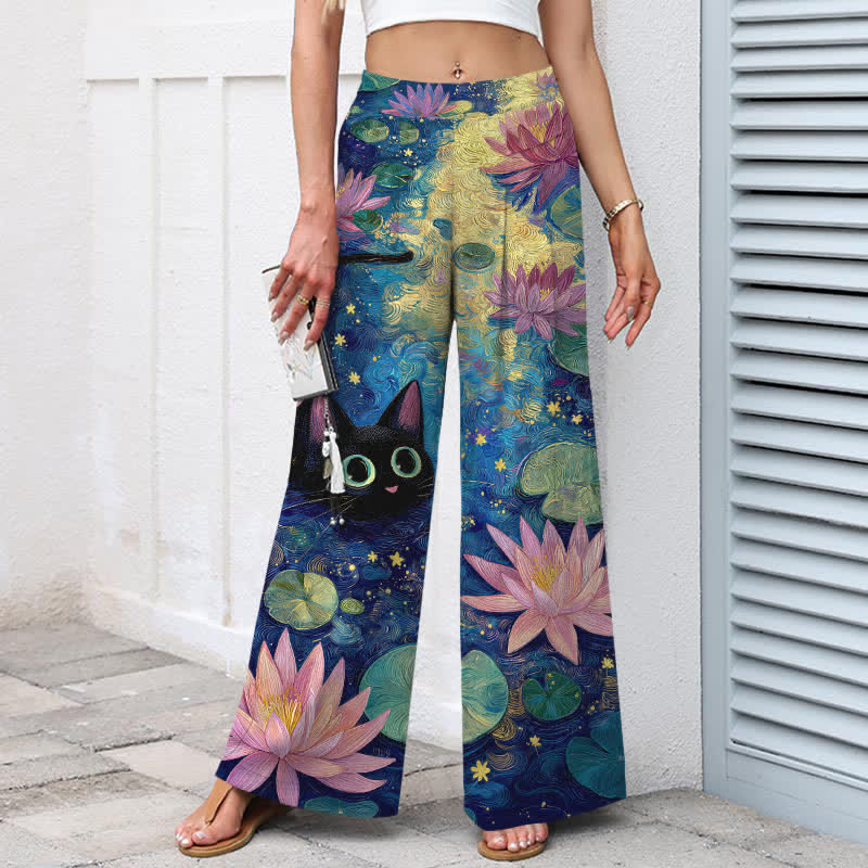 Nimara Ritual Cotton Linen Celestial Floral Cat Lotus Pattern Women's Elastic Waist Wide Leg Pants With Pockets