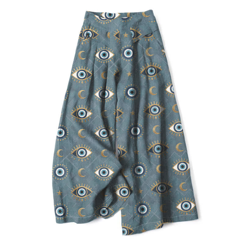 Nimara Ritual Cotton Linen Evil Eye Moon Pattern Women's Elastic Waist Wide Leg Pants With Pockets