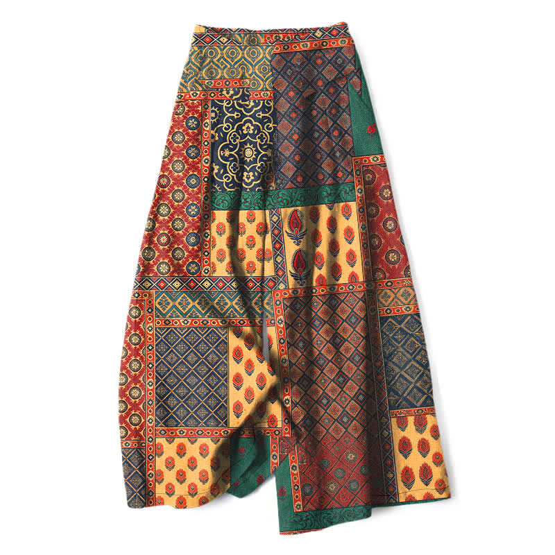 Nimara Ritual Cotton Linen Vintage Floral Pattern Women's Elastic Waist Wide Leg Pants With Pockets