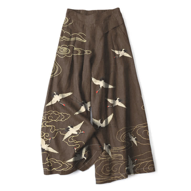 Nimara Ritual Cotton Linen Vintage Crane Cloud Pattern Women's Elastic Waist Wide Leg Pants With Pockets