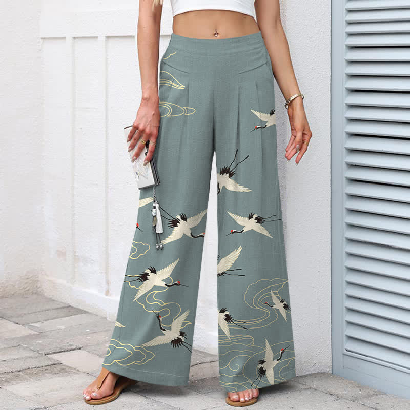 Nimara Ritual Cotton Linen Vintage Crane Cloud Pattern Women's Elastic Waist Wide Leg Pants With Pockets