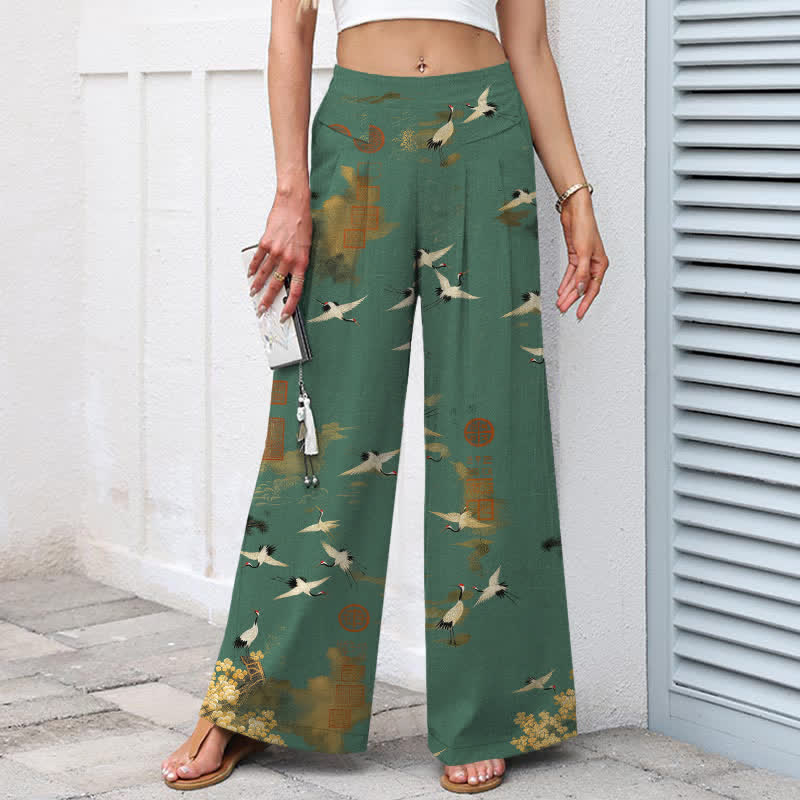 Nimara Ritual Cotton Linen White Crane Floral Pattern Women's Elastic Waist Wide Leg Pants With Pockets