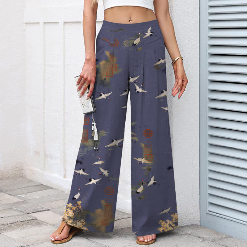 Nimara Ritual Cotton Linen White Crane Floral Pattern Women's Elastic Waist Wide Leg Pants With Pockets
