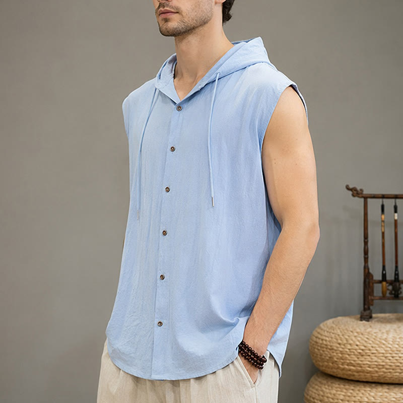 Nimara Ritual Summer Casual Minimalist Button-Up Drawstring Solid Tank Top Men's Sleeveless Shirts