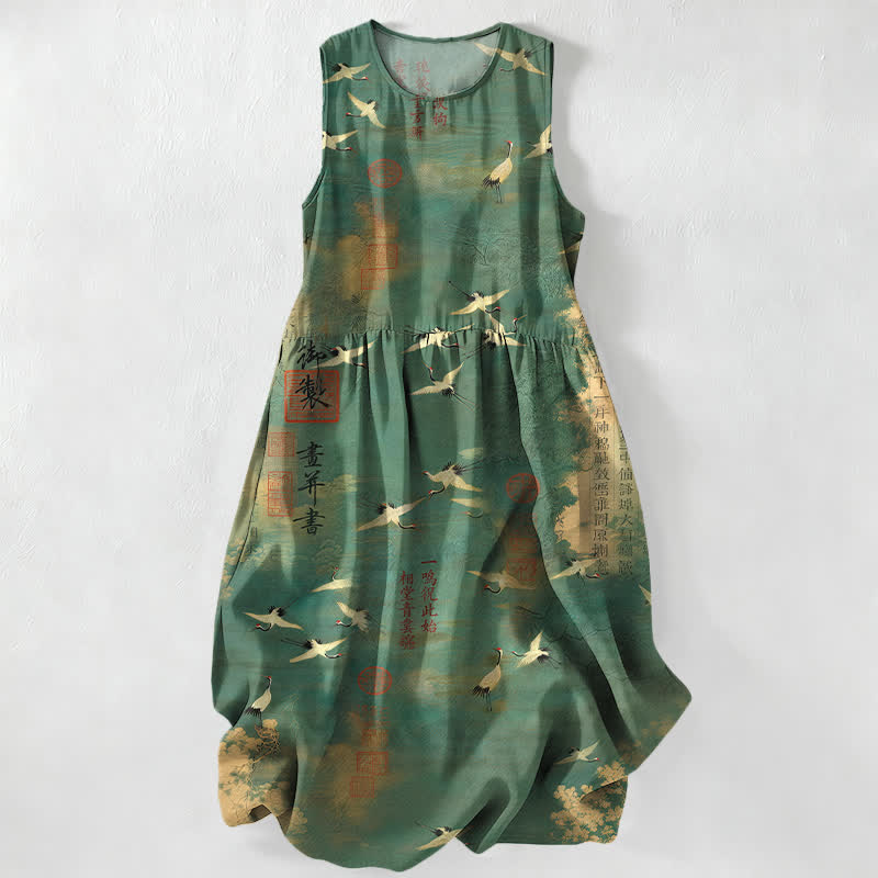 Nimara Ritual Summer Casual Oriental Flying Crane Calligraphy Pattern Women's Summer Sleeveless Midi Dress With Pockets
