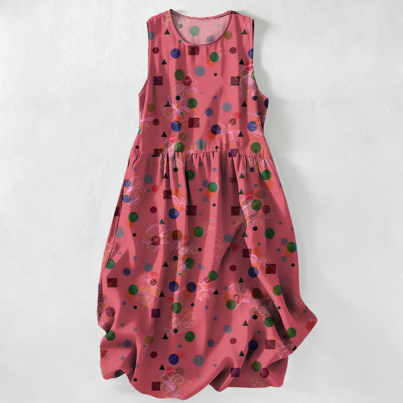 Nimara Ritual Summer Casual Playful Geometric Dots Pattern Women's Summer Sleeveless Midi Dress With Pockets