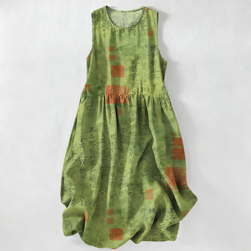 Nimara Ritual Summer Casual Chinese Calligraphy Seal Pattern Women's Summer Sleeveless Midi Dress With Pockets