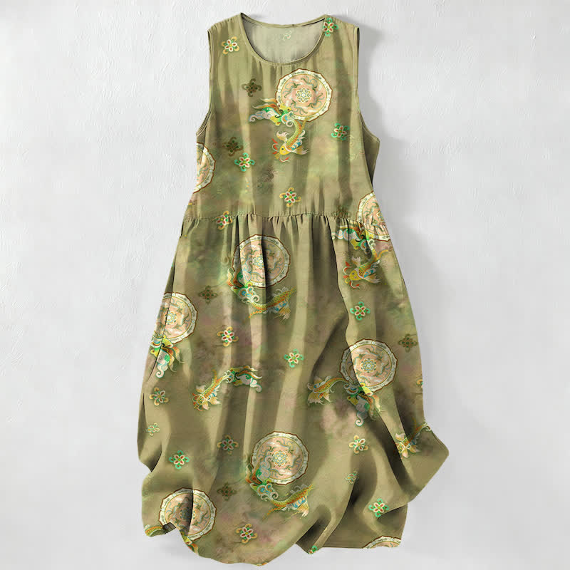 Nimara Ritual Summer Casual Vintage Floral Medallions Leaves Pattern Women's Summer Sleeveless Midi Dress With Pockets