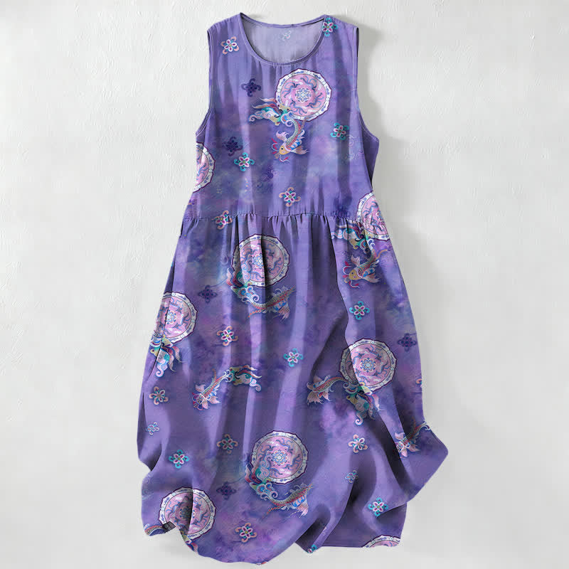 Nimara Ritual Summer Casual Vintage Floral Medallions Leaves Pattern Women's Summer Sleeveless Midi Dress With Pockets