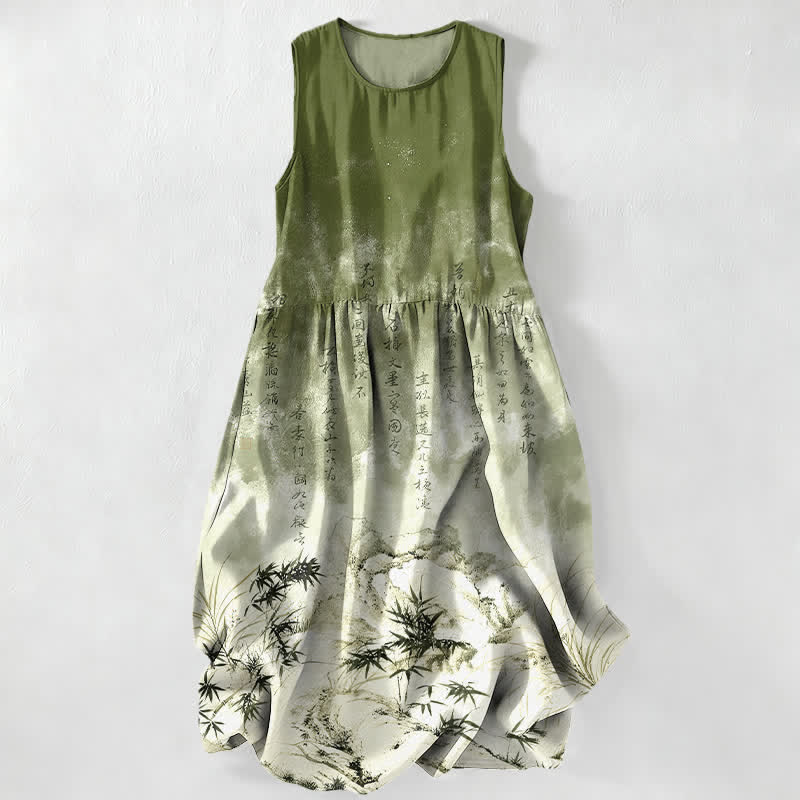 Nimara Ritual Summer Casual Ink Bamboo Landscape Pattern Women's Summer Sleeveless Midi Dress With Pockets