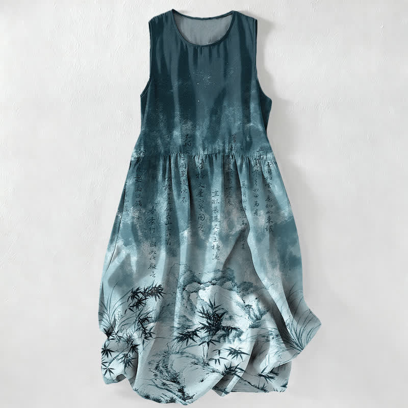 Nimara Ritual Summer Casual Ink Bamboo Landscape Pattern Women's Summer Sleeveless Midi Dress With Pockets