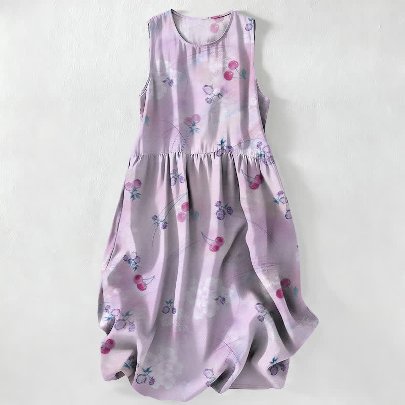 Nimara Ritual Summer Casual Sweet Cherry Floral Pattern Women's Summer Sleeveless Midi Dress With Pockets