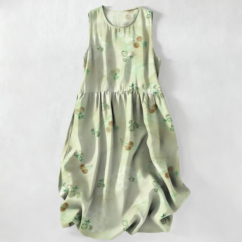 Nimara Ritual Summer Casual Sweet Cherry Floral Pattern Women's Summer Sleeveless Midi Dress With Pockets