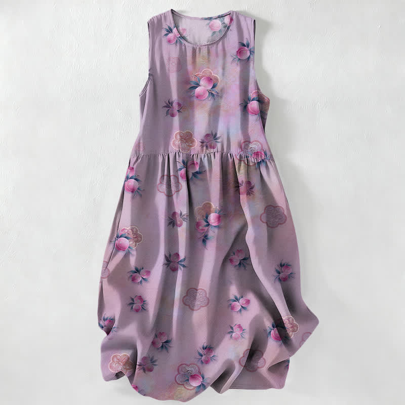 Nimara Ritual Summer Casual Pink Floral Leaves Pattern Women's Summer Sleeveless Midi Dress With Pockets