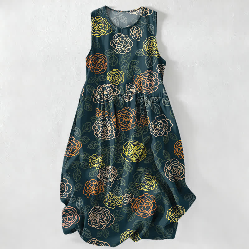 Nimara Ritual Summer Casual Colorful Floral Sketch Pattern Women's Summer Sleeveless Midi Dress With Pockets
