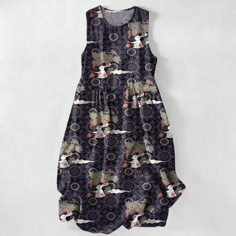 Nimara Ritual Summer Casual Vintage Floral Medallions Leaves Pattern Women's Summer Sleeveless Midi Dress With Pockets