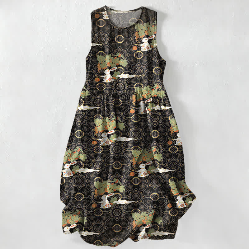 Nimara Ritual Summer Casual Vintage Floral Medallions Leaves Pattern Women's Summer Sleeveless Midi Dress With Pockets