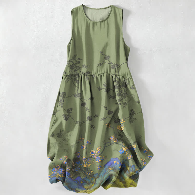 Nimara Ritual Summer Casual Vintage Floral Branches Pattern Women's Summer Sleeveless Midi Dress With Pockets