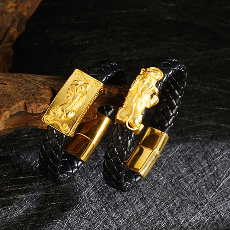 Nimara Ritual Braided Leather Pi Xiu Fu Character Wealth Bracelet