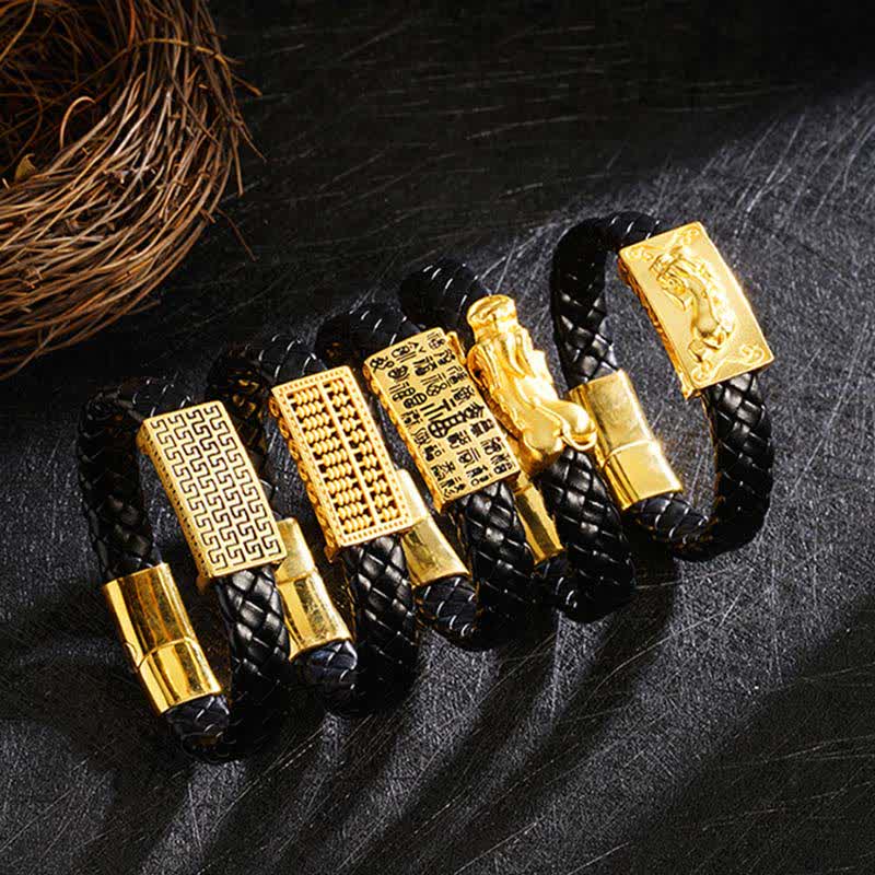 Nimara Ritual Braided Leather Pi Xiu Fu Character Wealth Bracelet