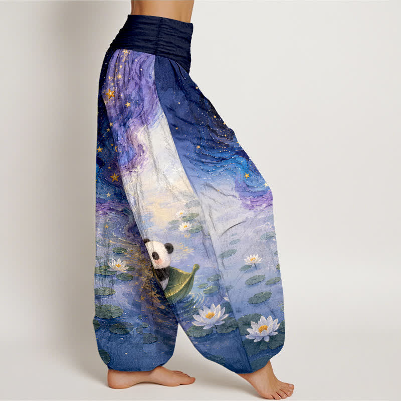 Nimara Ritual Pure Cotton Starry Lotus Panda Pattern Women's Elastic Waist Harem Pants