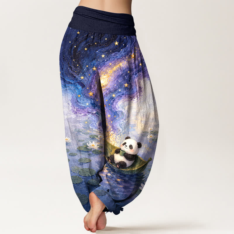 Nimara Ritual Pure Cotton Starry Lotus Panda Pattern Women's Elastic Waist Harem Pants