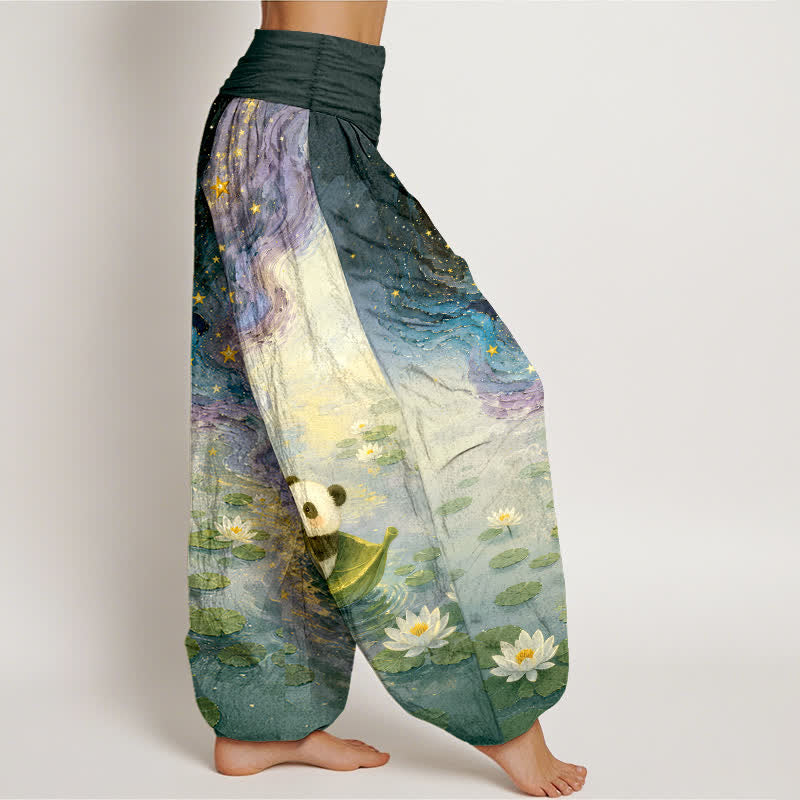 Nimara Ritual Pure Cotton Starry Lotus Panda Pattern Women's Elastic Waist Harem Pants