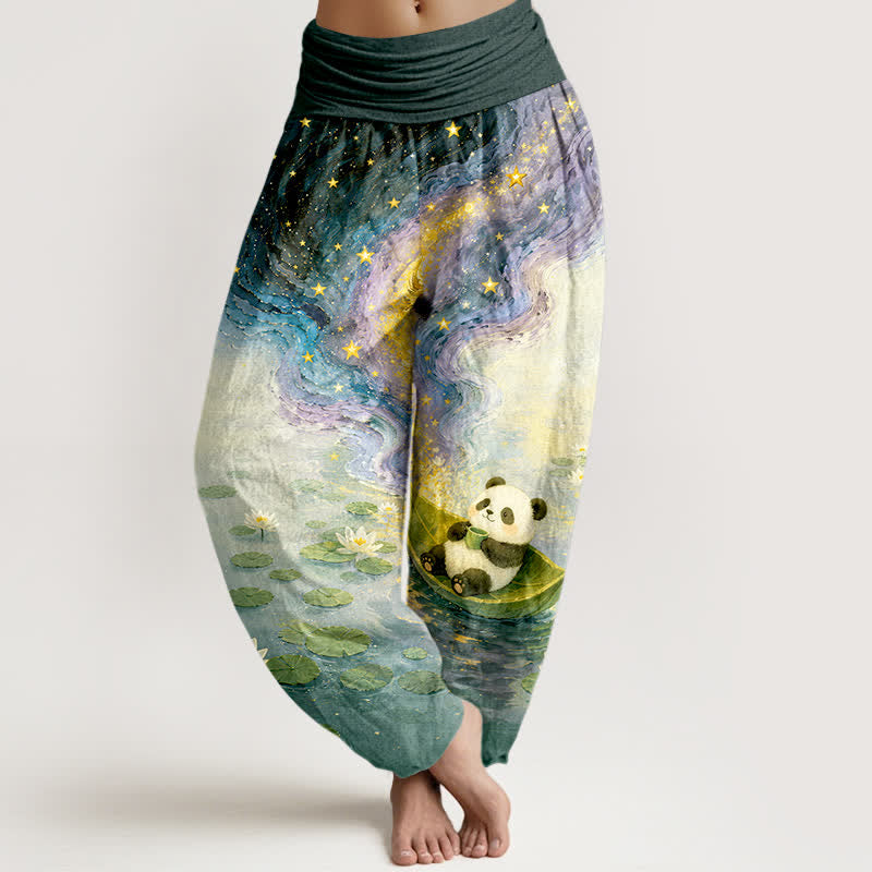 Nimara Ritual Pure Cotton Starry Lotus Panda Pattern Women's Elastic Waist Harem Pants